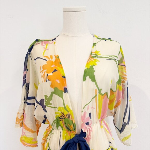 Lilka Silk Cotton Tie Front Bohemian Floral Kimono Coverup Anthropologie Medium - Picture 2 of 10